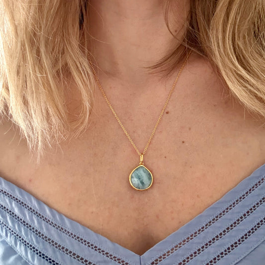 Wearing gold aquamarine pear pendant necklace