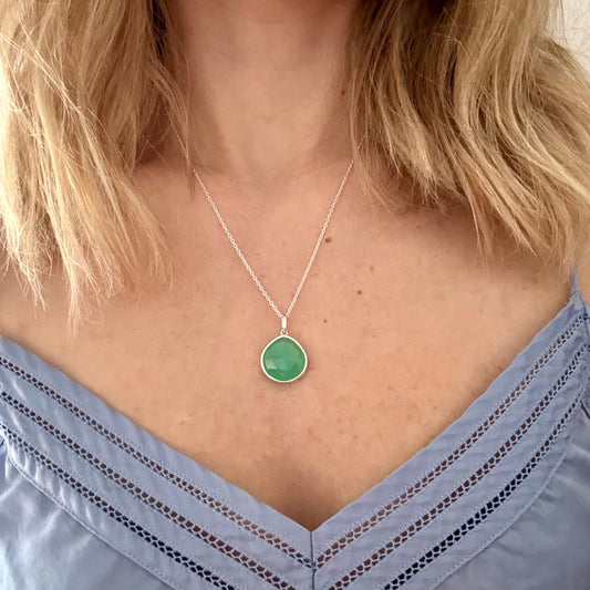 Wearing silver chrysoprase pear pendant