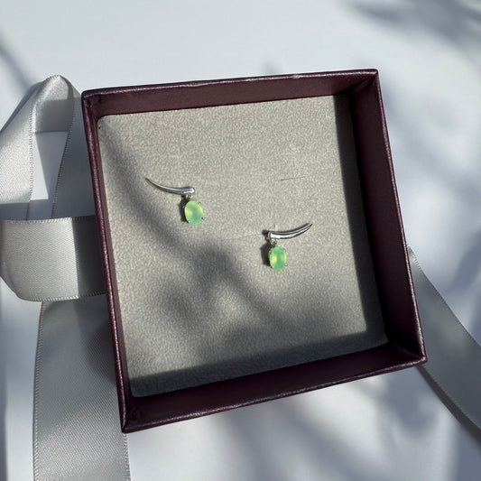 Jewelry box with green chrysoprase earrings.