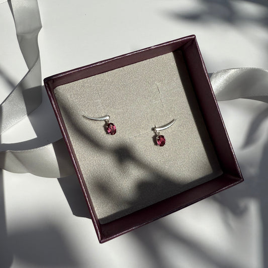 Pair of silver earrings with rhodolite gemstones in a jewelry box.